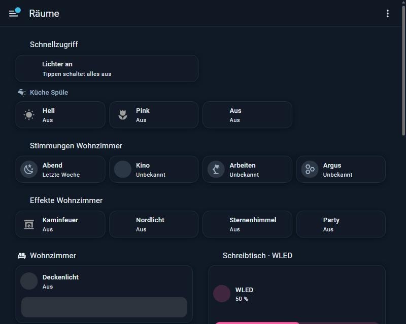 Home-Assistant-Dashboard mit Lichtszenen, Effekten wie Kaminfeuer und Nordlicht sowie einem Helligkeitsregler für eine LED-Leiste
